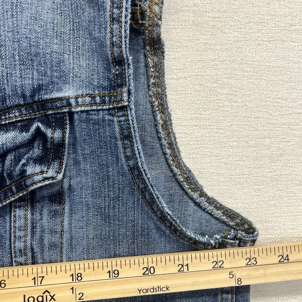 Upcyled Reworked Denim Trucker Vest Womens L Cow Flowers Quilted Flower Raw Edge